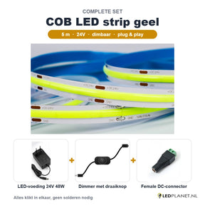 Complete set COB LED strip geel 5 meter met 24V 48W voeding, dimmer en female DC-connector