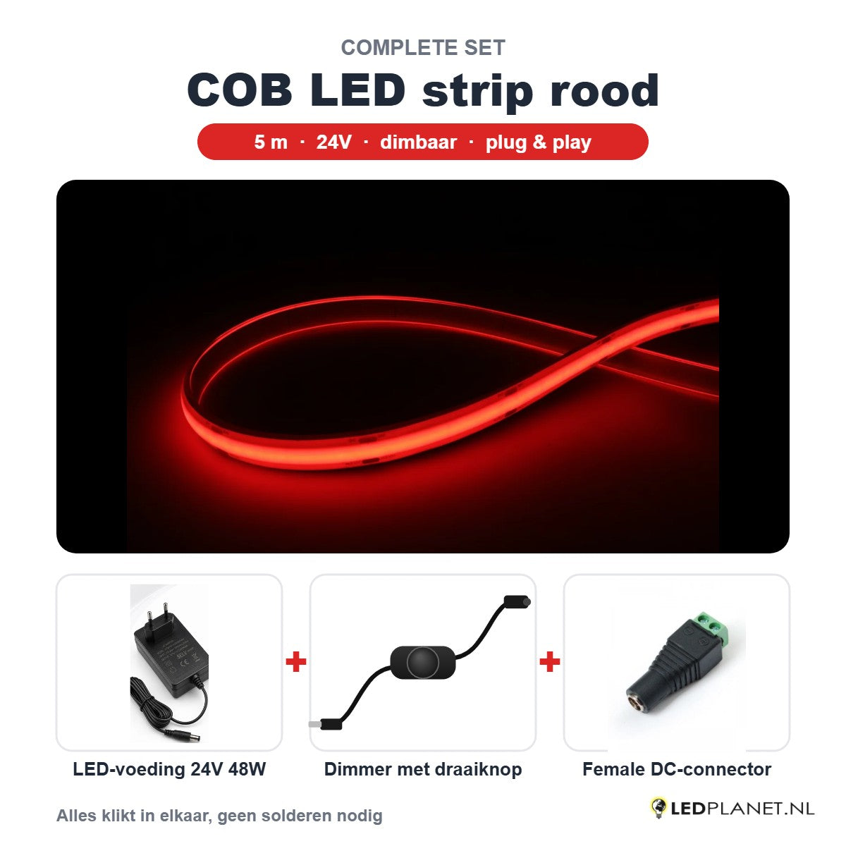 Complete set COB LED strip rood 5 meter met 24V 48W voeding, dimmer en female DC-connector