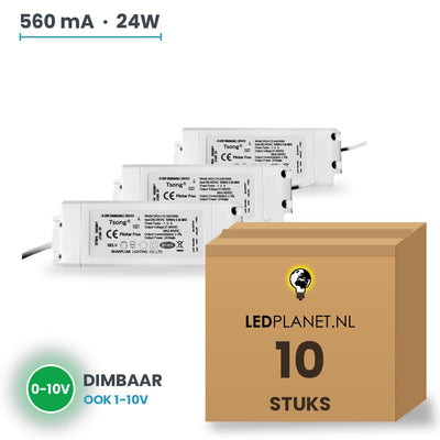 Doos met 10 stuks Dimbare LED-driver 0-10V - 24W - 560 mA - DC 27-42V