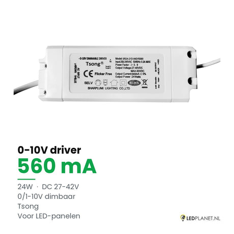 Dimbare LED-driver 0-10V - 24W - 560 mA - DC 27-42V