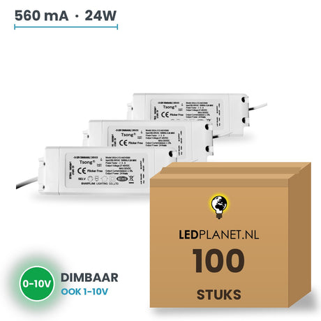 Doos met 100 stuks Dimbare LED-driver 0-10V - 24W - 560 mA - DC 27-42V