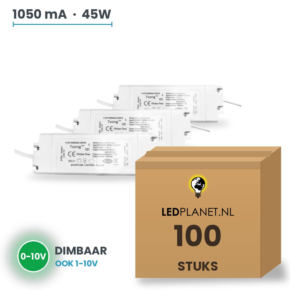 Doos met 100 stuks Dimbare LED-driver 0-10V - 45W - 1050 mA - DC 27-42V