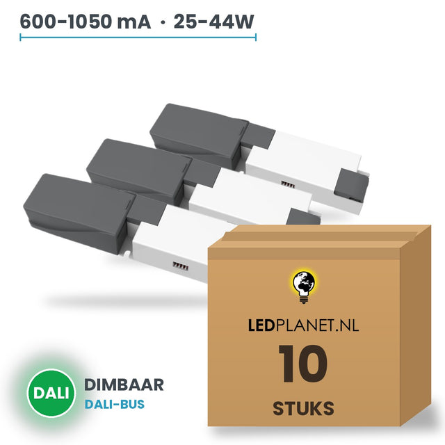 Doos met 10 stuks Dimbare LED-driver DALI - 25-44W - 600-1050 mA instelbaar - max. 42V - Boke - zonder aansluitkast