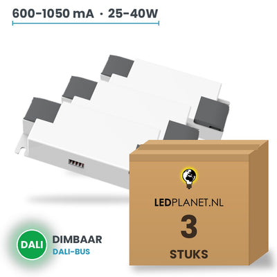 Doos met 3 stuks Dimbare LED-driver DALI - 25-40W - 600-1050 mA instelbaar - max. 42V - Boke