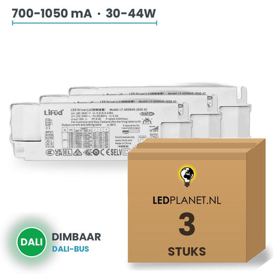 Doos met 3 stuks Dimbare LED-driver DALI - 30-44W - 700-1050 mA instelbaar - max. 42V - Lifud