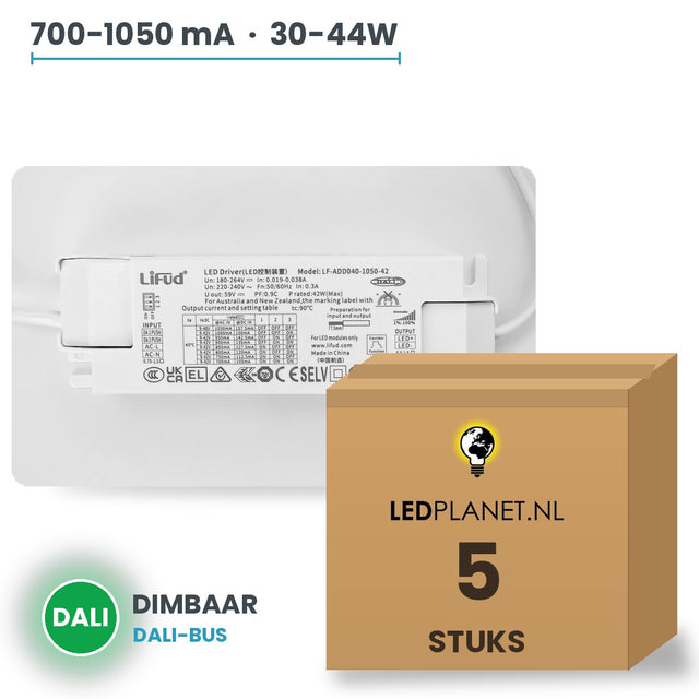 Doos met 5 stuks Dimbare LED-driver DALI - 30-44W - 700-1050 mA instelbaar - max. 42V - Lifud