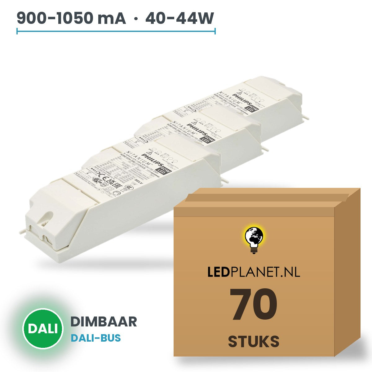 Doos met 70 stuks Dimbare LED-driver DALI - 40-44W - 900-1050 mA instelbaar - max. 42V - Philips Xitanium