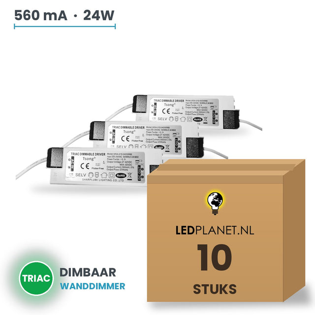 Doos met 10 stuks Dimbare LED-driver Triac - 24W - 560 mA - DC 27-42V