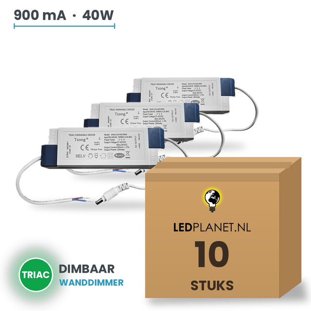Doos met 10 stuks Dimbare LED-driver Triac - 40W - 900 mA - DC 27-42V