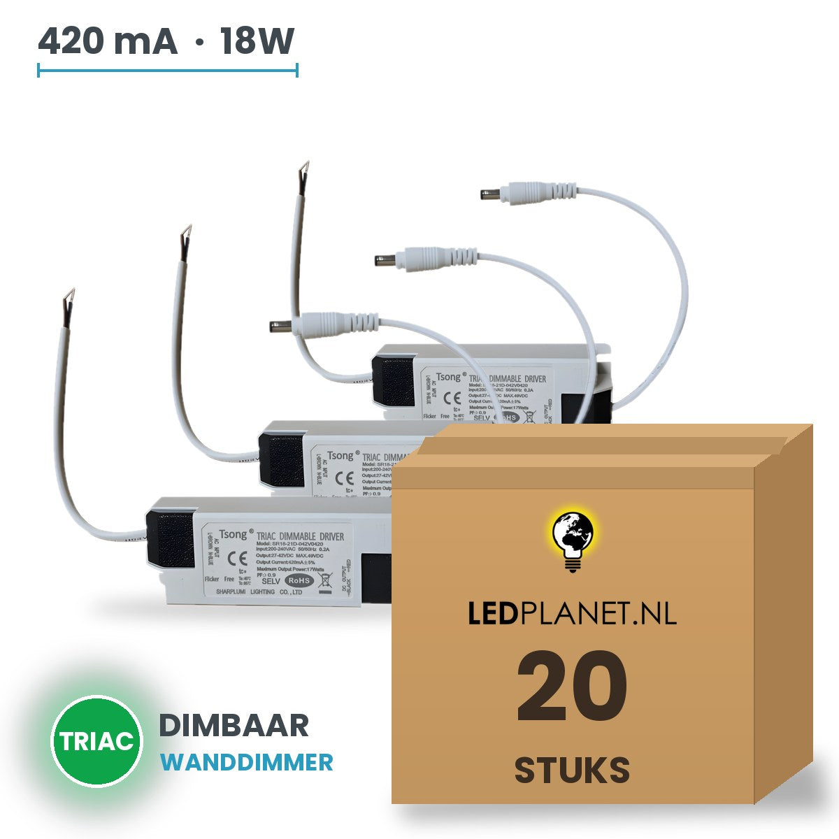 Doos met 20 stuks Dimbare LED-driver Triac - 18W - 420 mA - DC 27-42V