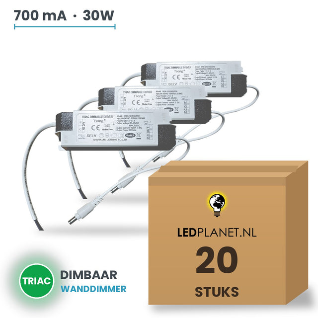 Doos met 20 stuks Dimbare LED-driver Triac - 30W - 700 mA - DC 27-42V