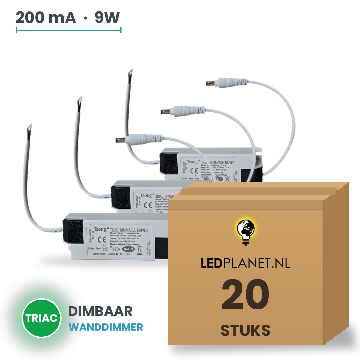 Doos met 20 stuks Dimbare LED-driver Triac - 9W - 200 mA - DC 27-42V