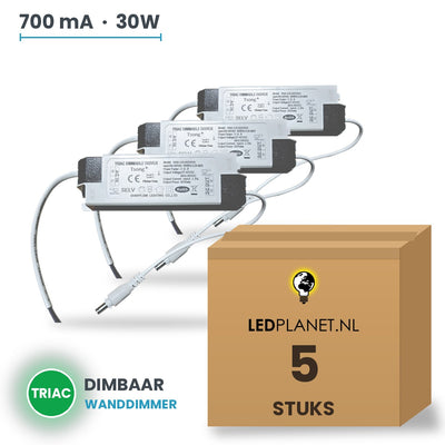 Doos met 5 stuks Dimbare LED-driver Triac - 30W - 700 mA - DC 27-42V