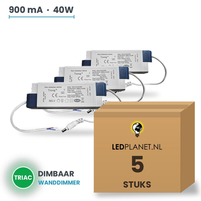 Doos met 5 stuks Dimbare LED-driver Triac - 40W - 900 mA - DC 27-42V