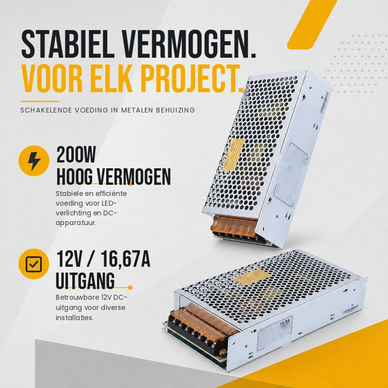 LED driver IP20 met metalen behuizing 12V 200W - vermogen en uitgang