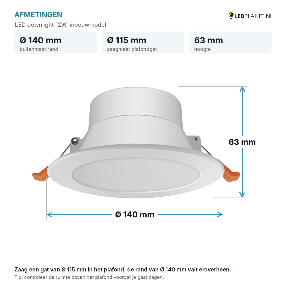 Afmetingen LED downlight 12W: Ø140 mm, hoogte 63 mm, zaagmaat Ø115 mm