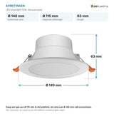 Afmetingen LED downlight 12W: Ø140 mm, hoogte 63 mm, zaagmaat Ø115 mm
