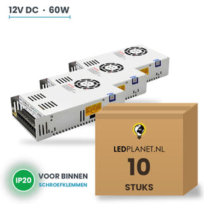 Doos met 10 stuks LED Driver 12V DC - 60W - 5A - IP20 - metalen behuizing