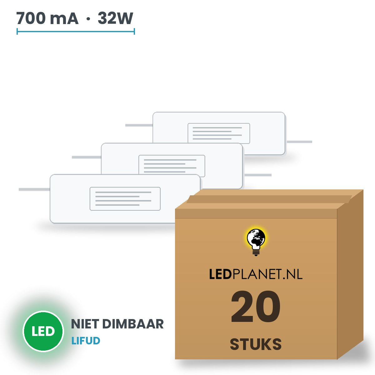 Doos met 20 stuks LED-driver voor LED-paneel - 32W - 700 mA - DC 33-42V - niet dimbaar - Lifud - met EU-stekker