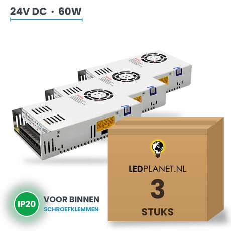 Doos met 3 stuks LED Driver 24V DC - 60W - 2,5A - IP20 - metalen behuizing