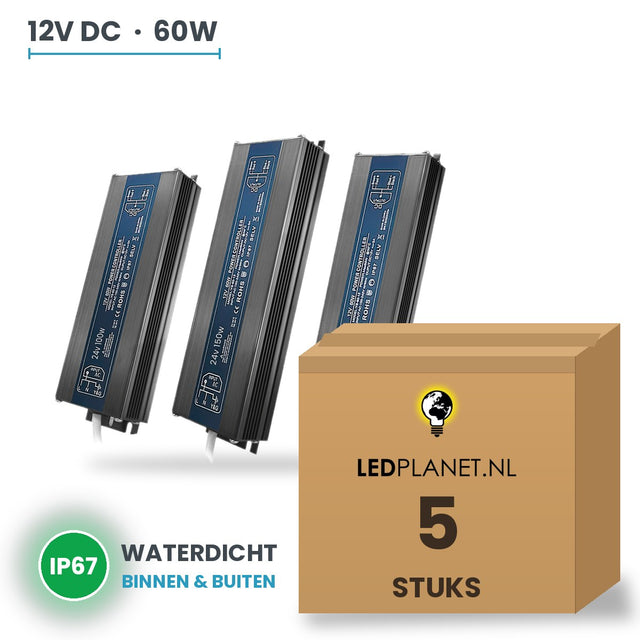 Doos met 5 stuks LED Driver 12V DC - 60W - 5A - waterdicht IP67