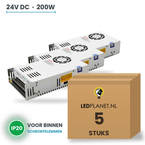 Doos met 5 stuks LED Driver 24V DC - 200W - 8,33A - IP20 - metalen behuizing