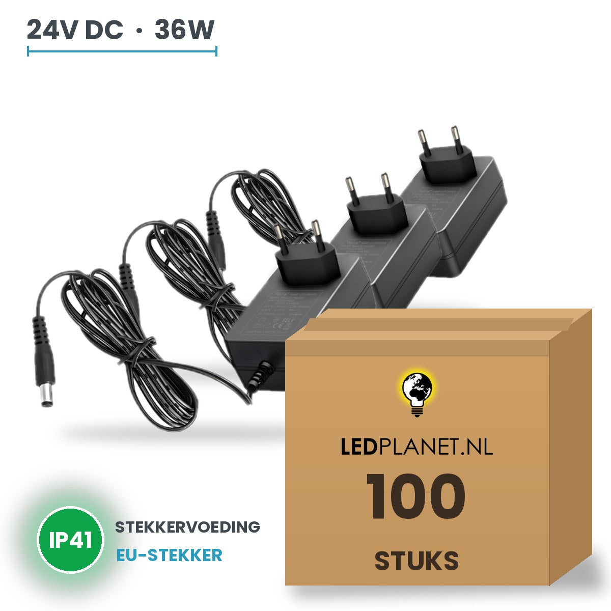 Doos met 100 stuks LED Driver 24V DC - 36W - 1,5A - Stekkervoeding EU - IP41