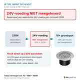 Let op: 24V-voeding niet meegeleverd - aansluitschema 230V naar 24V-voeding naar 10 grondspots
