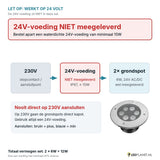Let op: 24V-voeding niet meegeleverd - aansluitschema 230V naar 24V-voeding naar 2 grondspots