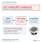 Let op: 24V-voeding niet meegeleverd - aansluitschema 230V naar 24V-voeding naar 3 grondspots