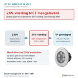 Let op: 24V-voeding niet meegeleverd - aansluitschema 230V naar 24V-voeding naar 4 grondspots