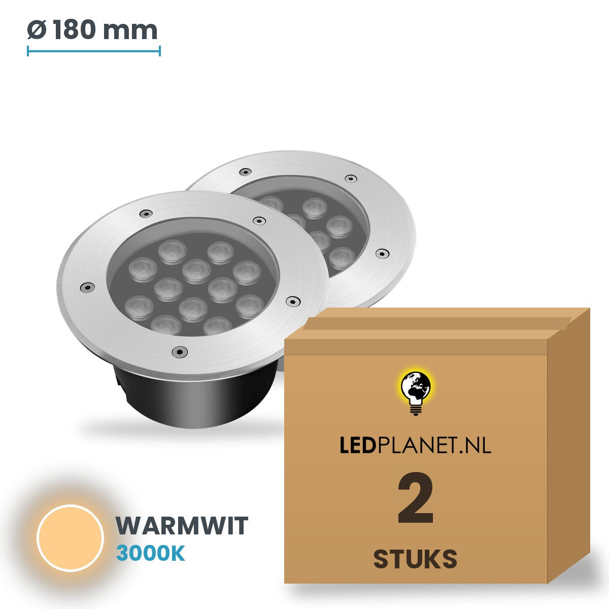 Doos met 2 stuks LED inbouw grondspot 12W, lichtkleur warmwit 3000K