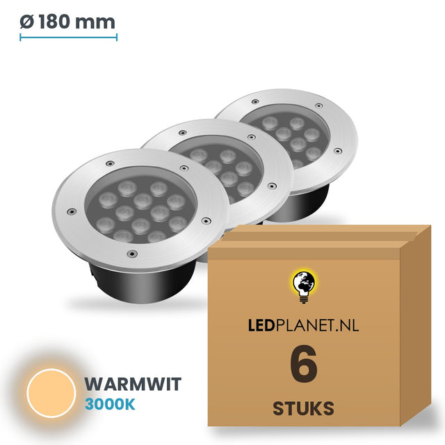 Doos met 6 stuks LED inbouw grondspot 12W, lichtkleur warmwit 3000K