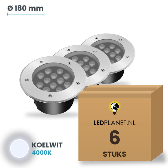 Doos met 6 stuks LED inbouw grondspot 12W, lichtkleur koelwit 4000K