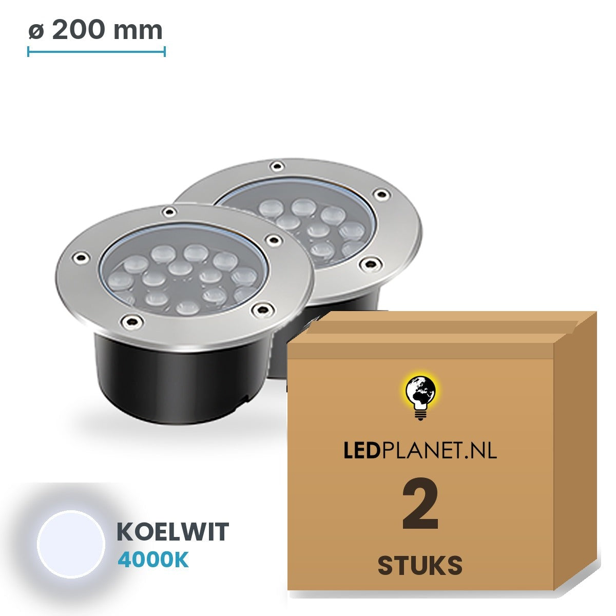 Doos met 2 stuks LED inbouw grondspot 18W, lichtkleur koelwit 4000K