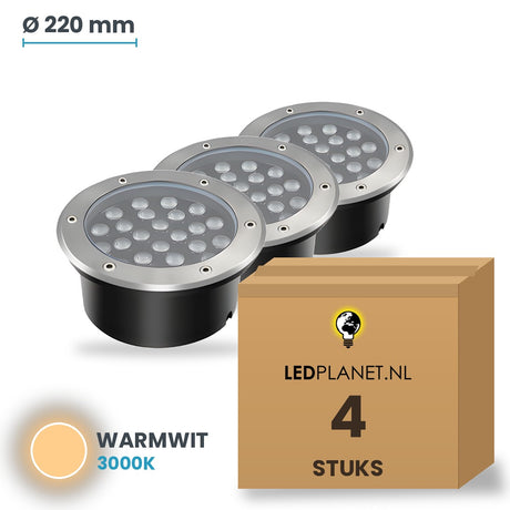 Doos met 4 stuks LED inbouw grondspot 24W, lichtkleur warmwit 3000K