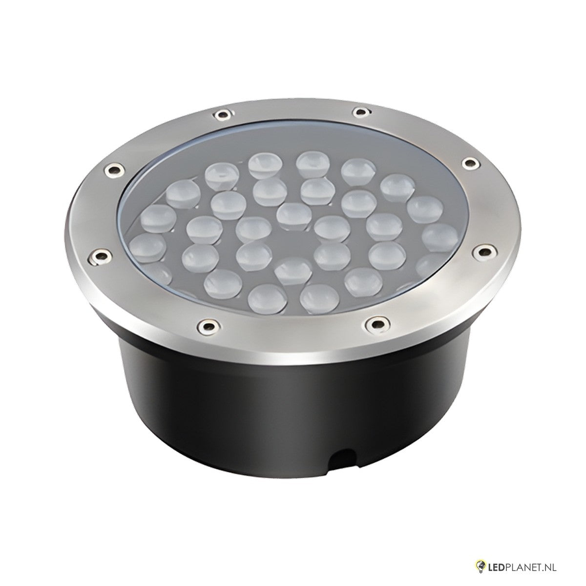 LED inbouw grondspot 36W met RVS rand, schuin bovenaanzicht