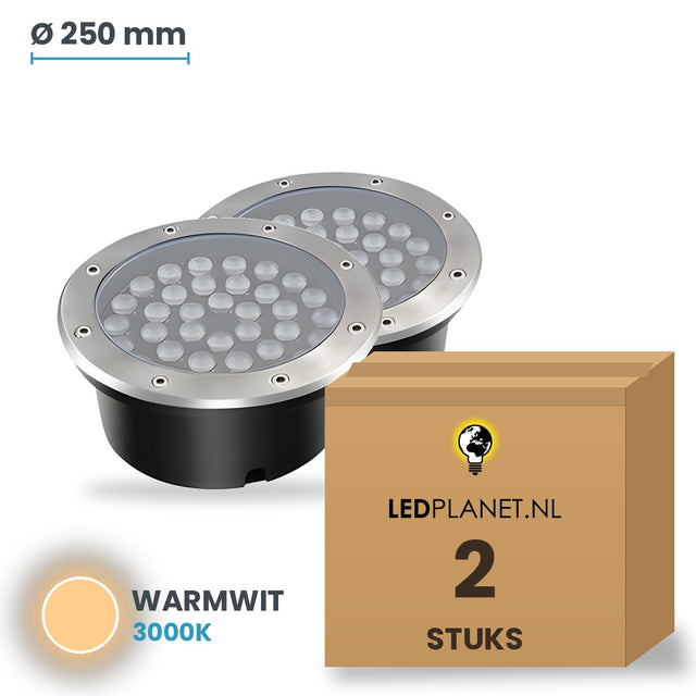 Doos met 2 stuks LED inbouw grondspot 36W, lichtkleur warmwit 3000K
