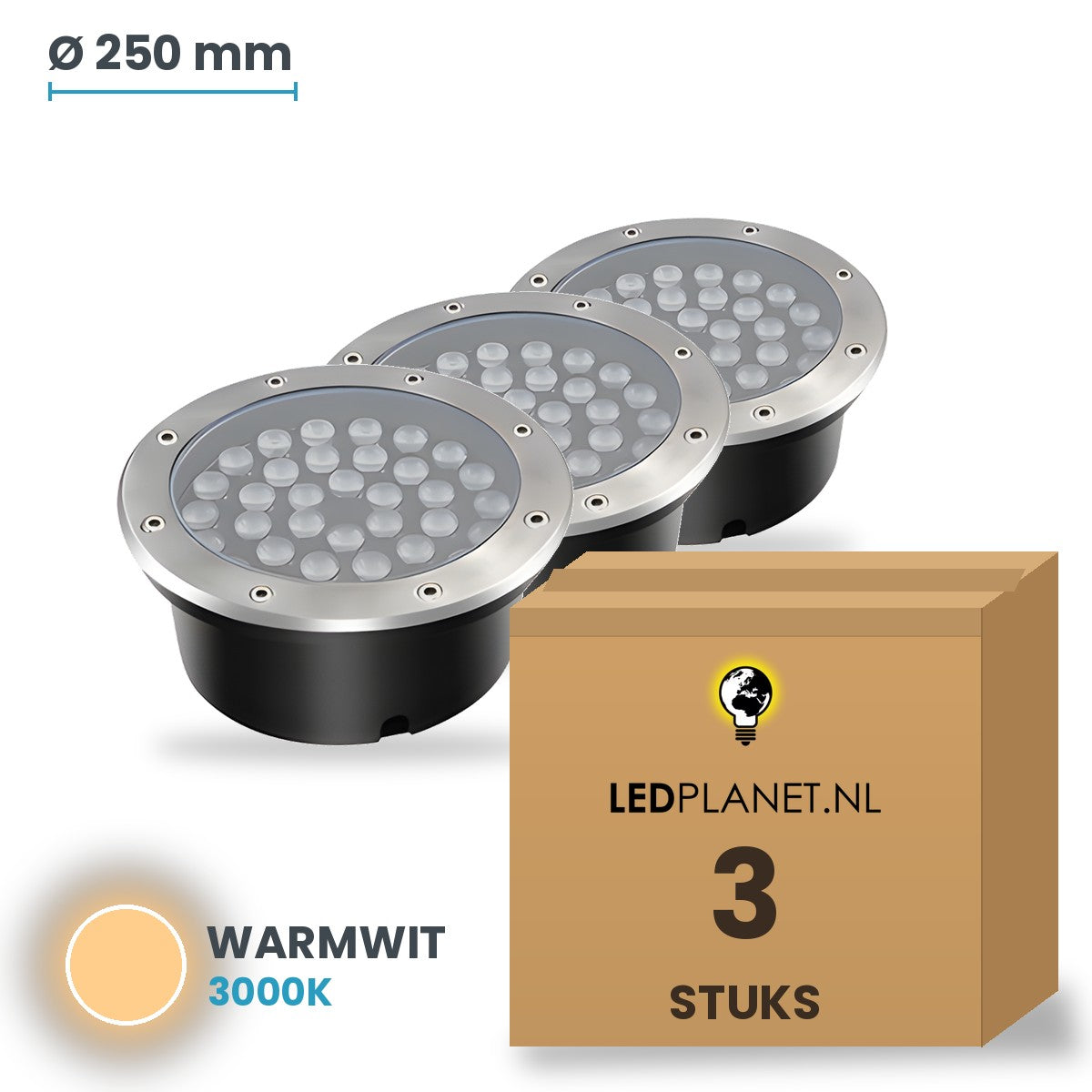 Doos met 3 stuks LED inbouw grondspot 36W, lichtkleur warmwit 3000K
