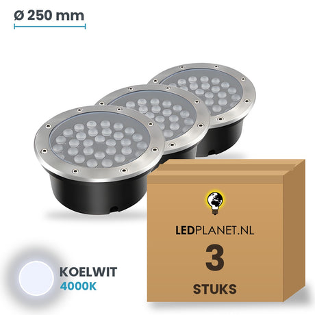 Doos met 3 stuks LED inbouw grondspot 36W, lichtkleur koelwit 4000K