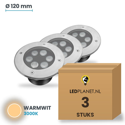 Doos met 3 stuks LED inbouw grondspot 6W, lichtkleur warmwit 3000K