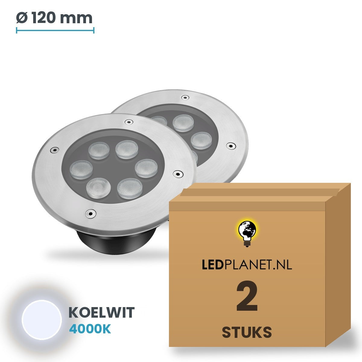 Doos met 2 stuks LED inbouw grondspot 6W, lichtkleur koelwit 4000K