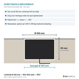 Afmetingen LED inbouw grondspot 9W: Ø160 x 95 mm, boorgat Ø145 mm, beloopbaar 5 kN