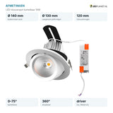 Afmetingen LED inbouwspot kantelbaar 10W: Ø140 mm, inbouwhoogte 120 mm, zaagmaat Ø130 mm
