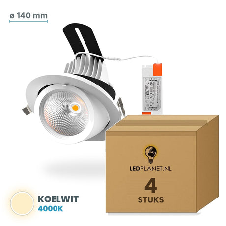 Set van 4 stuks LED inbouwspot kantelbaar - Koelwit 4000K - Ø140 mm - in LEDPLANET doos