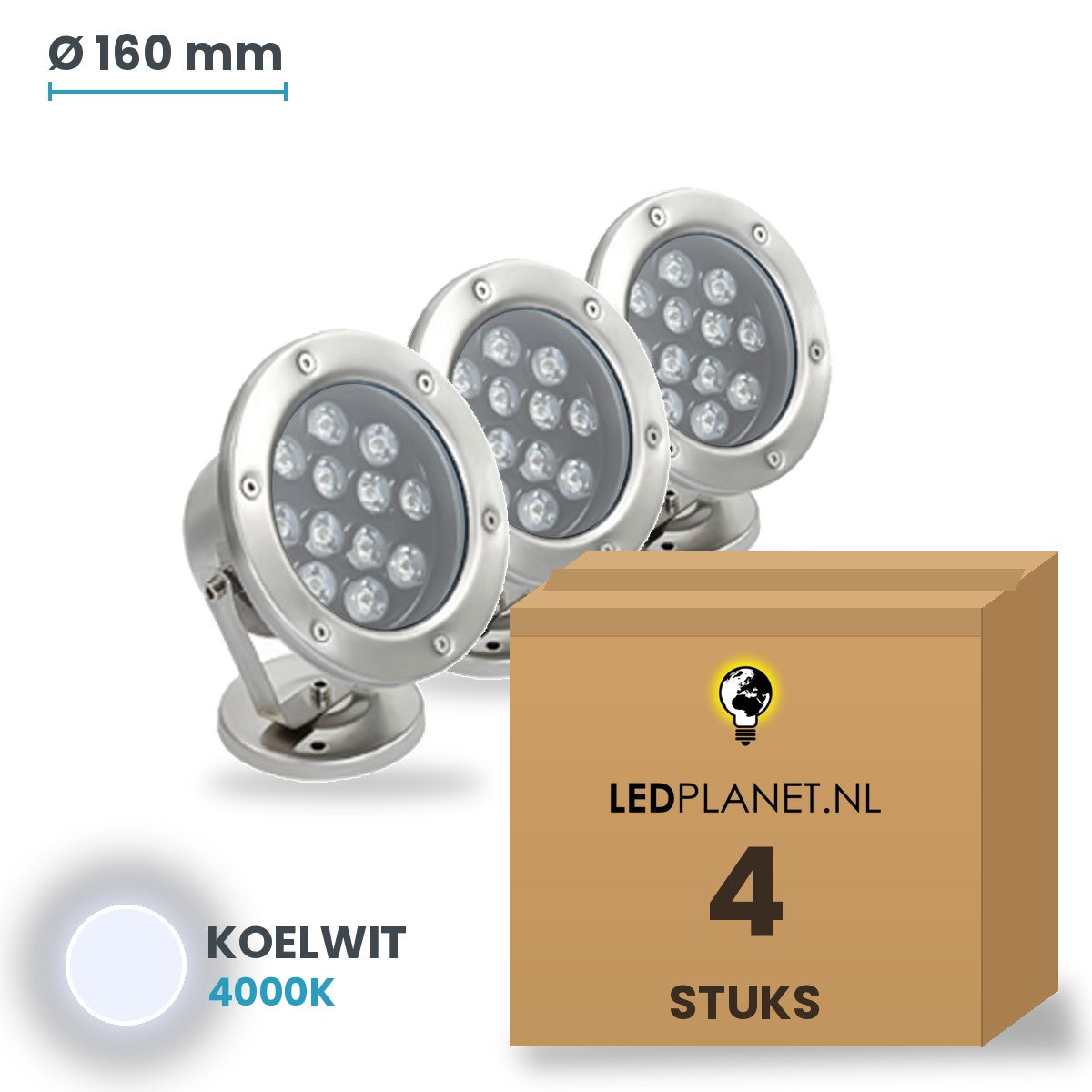 Doos met 4 stuks LED onderwaterlamp 12W, lichtkleur koelwit 4000K