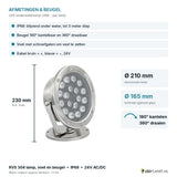 Afmetingen LED onderwaterlamp 24W: Ø210 x 230 mm, lichtvlak Ø165 mm, beugel kantelbaar