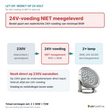 Let op: 24V-voeding niet meegeleverd - aansluitschema 230V naar 24V-voeding naar 2 onderwaterlampen