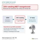 Let op: 24V-voeding niet meegeleverd - aansluitschema 230V naar 24V-voeding naar 2 onderwaterlampen