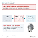 Let op: 24V-voeding niet meegeleverd - aansluitschema 230V naar 24V-voeding naar 2 onderwaterlampen